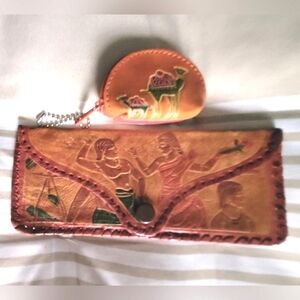 Vtg Handcrafted Tooled Gen.Leather Eyeglass Case/Wallet and Camel Coin-Key P…